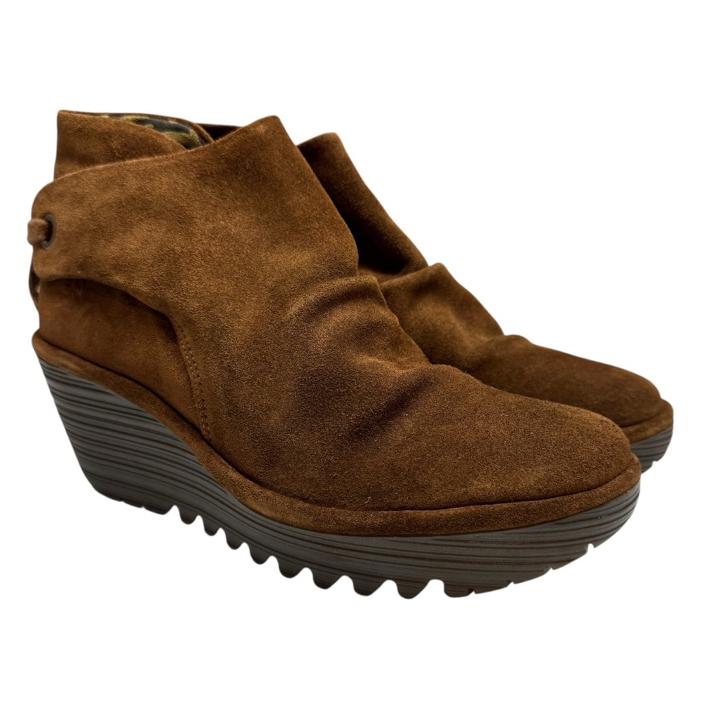 FLY London Yebi Wedge Ankle Boot Bootie Shoe Brown Suede Cow Leather Boho Ruched